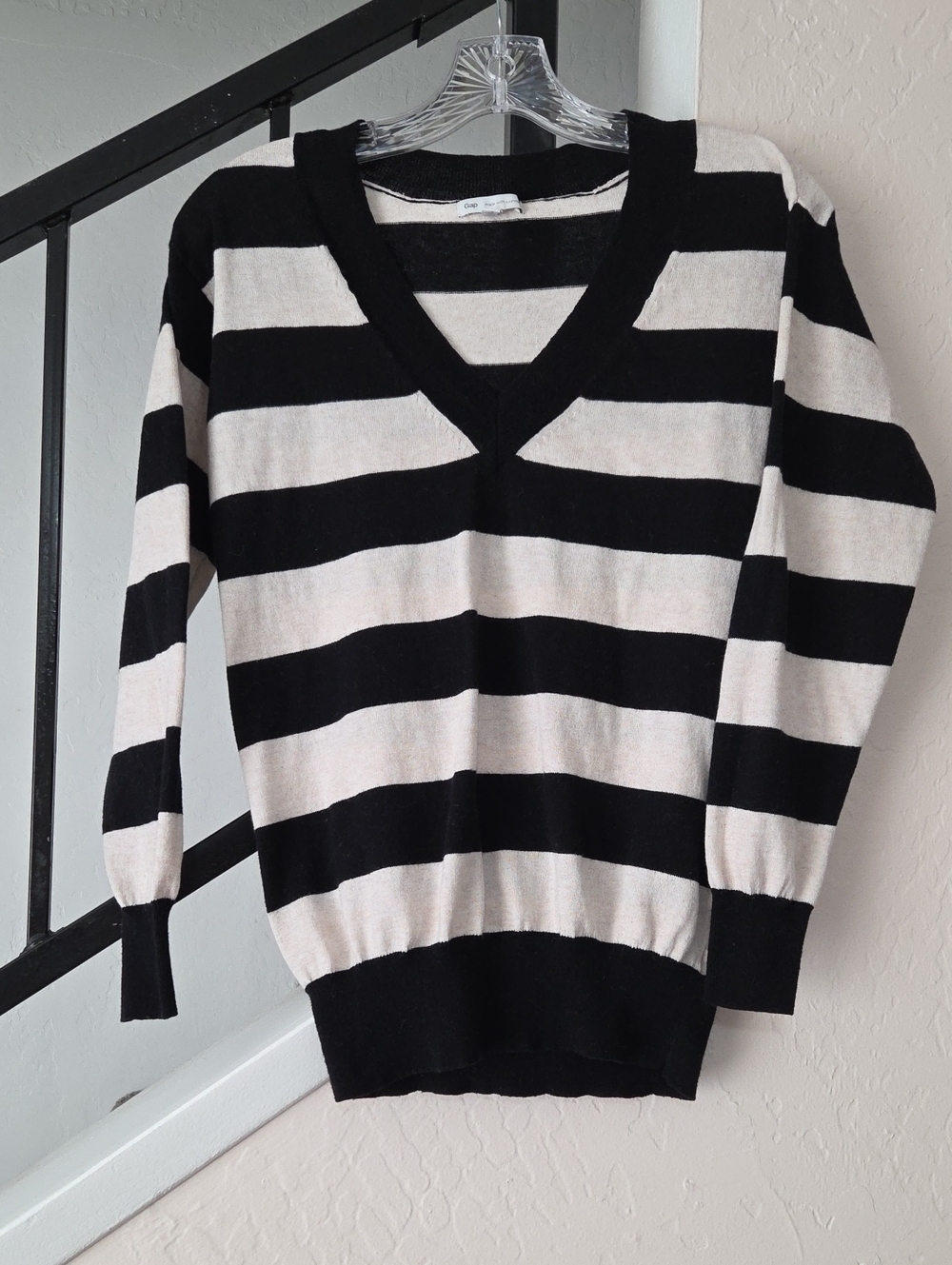 Striped V-Neck Sweater - Black & Cream